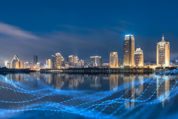 Xiamen blue tone skyline synthesized by particle lines