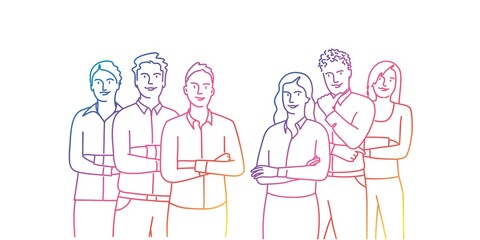 Business People with arms crossed. Business concept. Rainbow colours in linear vector illustration.