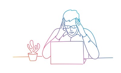 Man with glasses holds his head and looks at a computer. Rainbow colours in linear vector illustration.