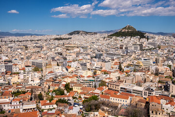 Panoramic view of metropolitan Athens, Greece with Lycabettus Lycabettus hill and Pedion tou Areos park seen from Areopagus rock