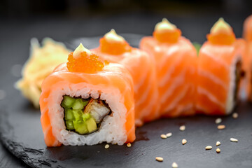 salmon sushi rolls on black background. © white78