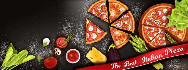 Best Italian pizza banner with ribbon, tomato, cheese, mozzarella, flour, delicious slices. Vector food top view illustration in realistic style with margherita, pepperoni,vegetables, black background
