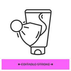 Sunscreen icon. Face skin uv protecting cosmetic solution tube linear pictogram. Concept of Korean beauty product package and high spf sun shield cream. Editable stroke vector illustration