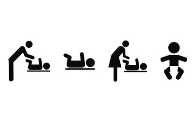 Changing station restroom sign vectors icon set of 4 including baby isolated and on table baby, Man and woman changing diaper silhouette 
