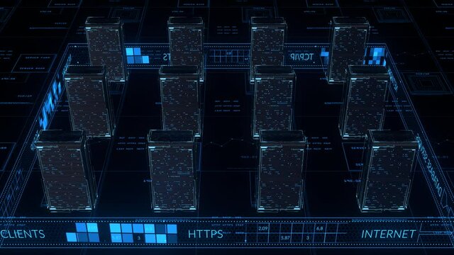 Network and data servers of a data center. Information technology concept. 
Global internet worldwide. Animation 4K. 3D render