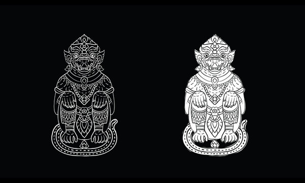 Hanuman, Thai traditional backdrop, Thai traditional painting in temple, vector
