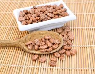 Cranberry Bean in the bowl and wood spoon . Also called Borlotti Bean or Shell Bean. on bamboo mat