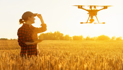 Woman farmer controls drone sprayer with a tablet. Smart farming and precision agriculture	