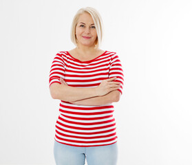 Beautiful woman with arms crossed in casual wear on a white background