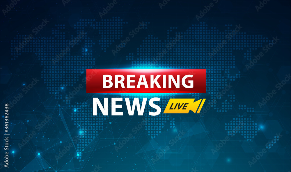 Aufkleber breaking news template title with shadow on world map background for screen tv. vector design.