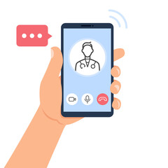 Hand holding smartphone with online doctor consultation on screen. Healthcare mobile service concept. Male avatar on screen. Vector illustration.