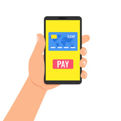 Payment page and credit card on smartphone screen. Hand holds the smartphone. Vector Illustration.