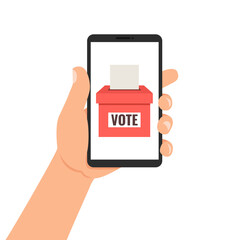Hand holding smartphone with voting app on the screen. Vector illustration.