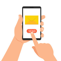 Hand holding phone with closed envelope and send button. Sending message concept. Finger touch screen. Vector Illustration.