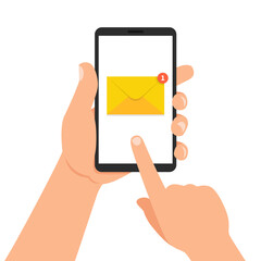 New email notification on mobile phone. Finger touch screen. Vector Illustration.
