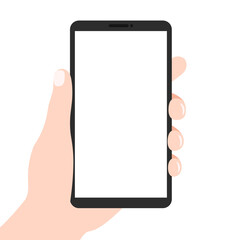 Hand holding black smart phone. Vector illustration.
