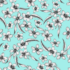 Fashionable cute seamless vector pattern in white hand-drawn little flowers on a blue background. Background for textiles, fabrics, covers, wallpapers, print, gift wrapping or any purpose