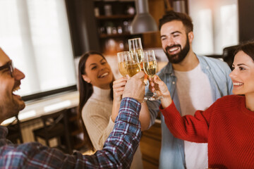 Young people cheering with champagne flutes and looking happy while having home party.