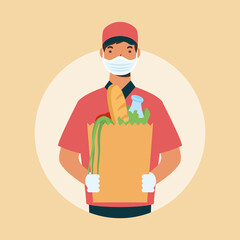 safe food delivery worker with groceries box