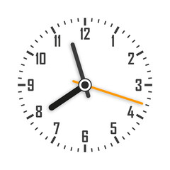 Clock face with shadow on white background. Clock hands. Part of an analog clock or watch.