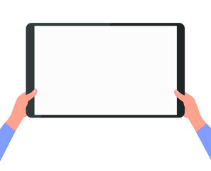 Hold the large tablet with both hands. Vector illustration, flat cartoon design isolated on white background, eps 10.