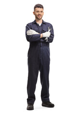 Auto mechanic holding a wrench and posing