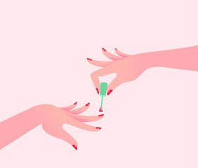 Manicure, varnish nails. Two female hands applying red nail polish to the nails. Vector illustration, flat cartoon design, eps 10. Concept: beauty salon, nail salon, fashion, beauty, private business.