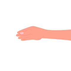 Hand gesture, stretching out hand, side view. Vector color illustration, flat cartoon design, eps 10. Concept: pull a hand, for a handshake, greetings, help.