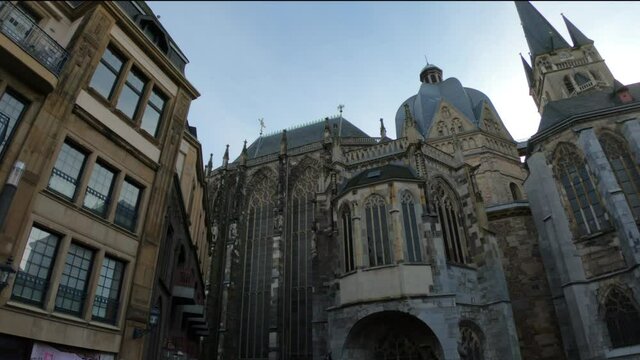 DOLLY SHOT SLOW MOTION - Aachen Cathedral is a Roman Catholic church in Aachen, Germany and the see of the Roman Catholic Diocese of Aachen. It was constructed by order of the emperor Charlemagne.