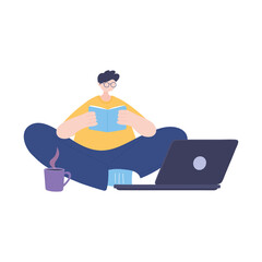 stay at home, guy reading book with laptop and coffee cup, self isolation, activities in quarantine for coronavirus