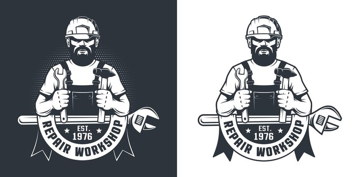 Handyman in hard hat with hammer and wrench - Mechanical Workshop vintage logo. Mechanic worker in builder helmet - retro emblem. Vector illustration.
