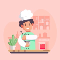 Cartoon cook chef illustration, restaurant cook chef hat and cook uniform, professions job, vector character restaurant staff flat design, food service professional