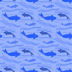 seamless blue pattern with a nautical theme. fish in the ocean. Doodle style.