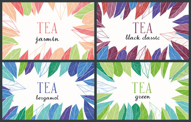 Tea packaging design. Set of different varieties. Vector full color graphics