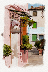Fototapeta na wymiar Watercoloring facade of colorful house with green potted plants on the windowsill and bird cage over the entrance in Burano island, Veneto, Italy. Postcard design