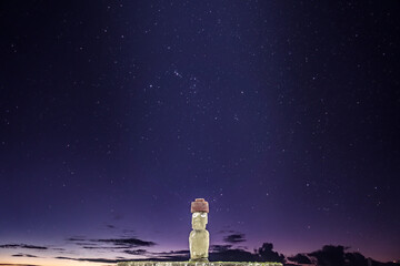 Single moai at night with stars in the sky