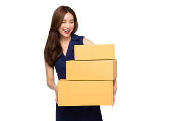 Young Asian woman holding parcel box isolated on white background, Delivery courier and shipping service concept
