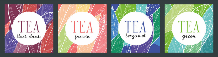 Design of square tea packaging. Different varieties of tea in the set. Vector full color graphics