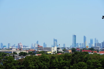 Great city view with beautiful hanging bridges that cross the river of Bangkok, Thailand.