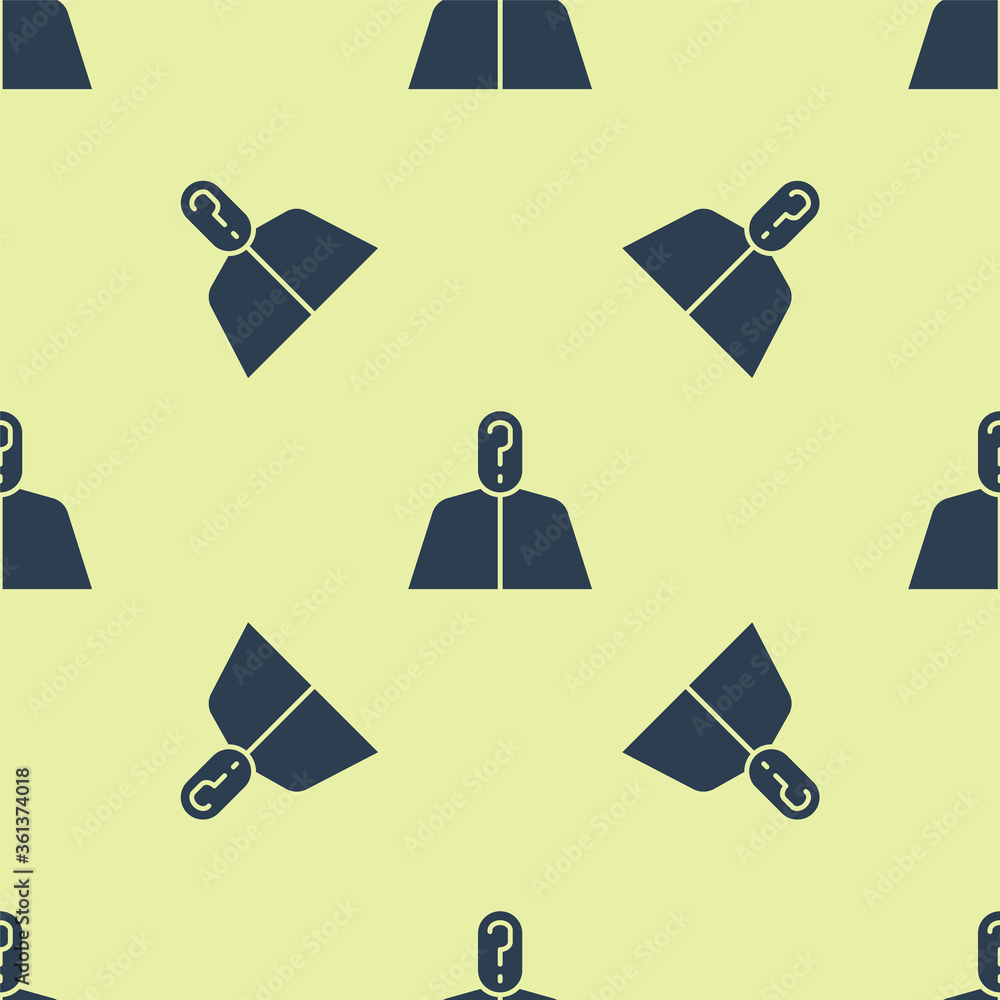 Poster blue anonymous man with question mark icon isolated seamless pattern on yellow background. unknown u