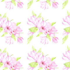 Fototapeta na wymiar Watercolor romantic seamless pattern of beautiful bouquets of magnolia flowers. Perfect in printing, textile, web design, souvenir products, scrapbooking and many other creative ideas.