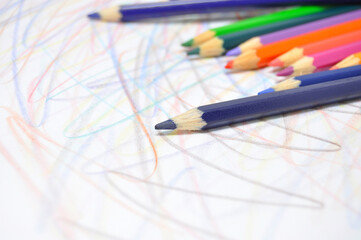  Pencils сolored on a white background close up. Drawing, art
