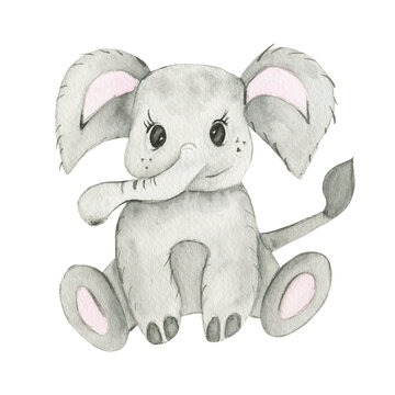 watercolor baby elephant. Cute Elephant.Children Printables, Nursery Print.Baby Shower. Isolated on a white background.
