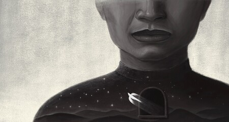 Human right, equality and freedom of expression concept surreal artwork, problem of racism conceptual painting, black man with  a bird flying out of  cage © Jorm Sangsorn