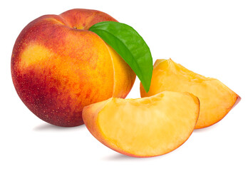 peach fruit with green leaf and slice isolated on white background