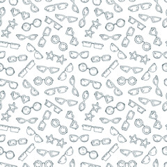 Fashionable accessories. Hand Drawn Doodle Glasses Seamless pattern. Different shapes sunglasses, eyeglasses - Black and white Vector illustration