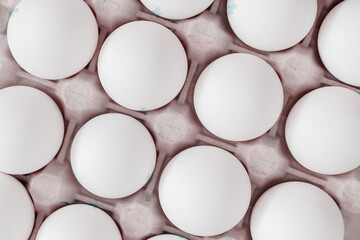 Packaging of fresh white eggs. The view from the top