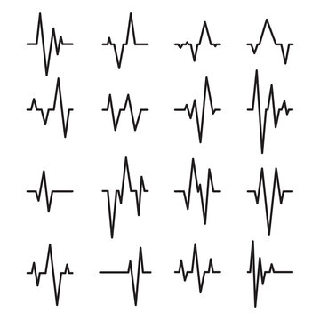 Pulse Lines Set. Heartbeat Rate, Ekg Diagram, Earthquake. Vector Illustrations For Seismic Monitoring, Cardiogram, Heart Beat Frequency Topics