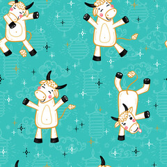 Happy Chinese New Year Turquoise Background with Cartoon Cute Ox Characters. Holiday Seamless pattern with Funny Doodle Bulls and Stars. 2021 Year of White Ox Chinese Zodiac Sign. Vector illustration