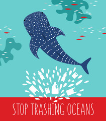 Whale shark swimming in polluted ocean